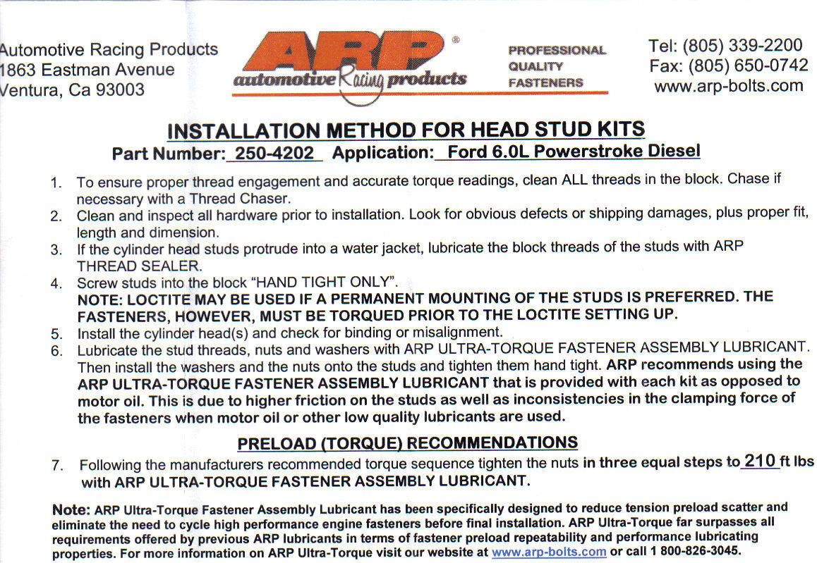 Arp head studs torque specs 302 ford